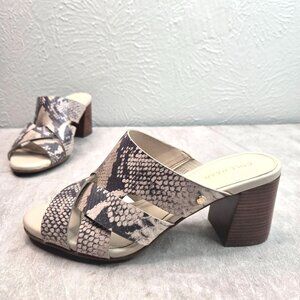 Cole Haan Heeled Mule Sandals 6 Tan Leather Snake Print Slip On Block Heel Shoes